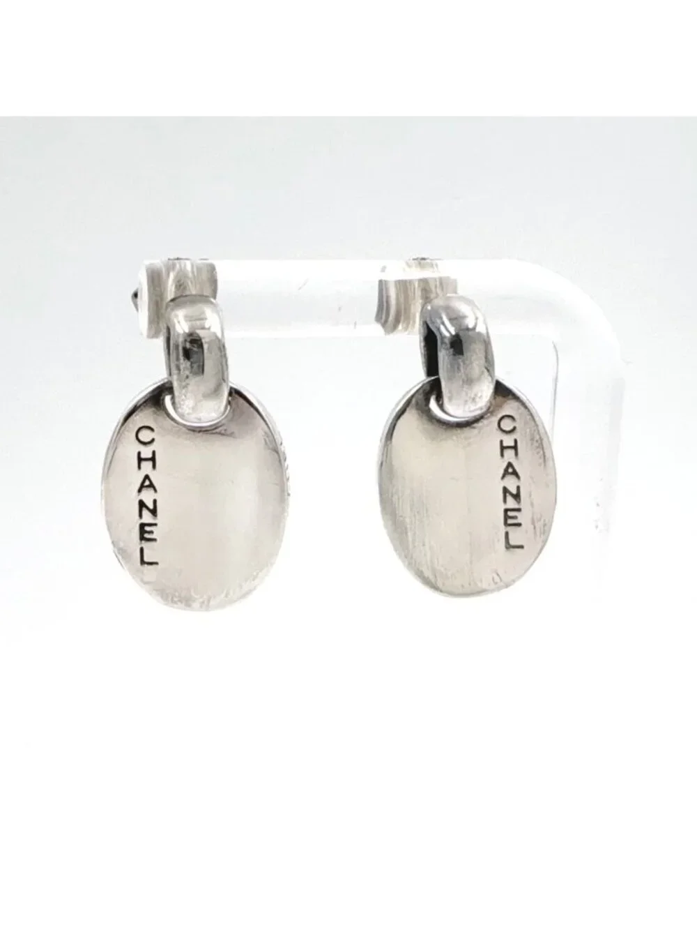 Chanel Oval Plate Log Drop Silver Earrings